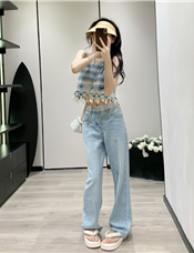 港风复古浅色窄版显瘦高腰牛仔裤